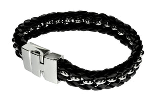 Steelx Stainless Steel 8" Black Leather Woven Bracelet
