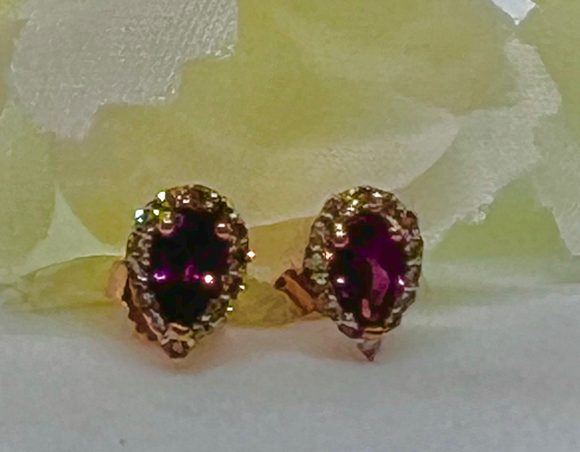 10K Rose Gold Pear Shaped Rhodolite Garnet & Diamond Stud Earrings