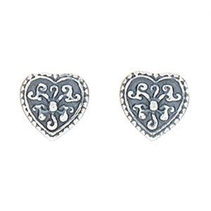 Sterling Silver Antique Look Patterned Heart Stud Earrings
