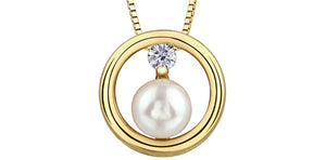 10K Yellow Gold 5.5mm Culture Pearl with Canadian Diamond Pendant & 18" Chain