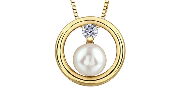 10K Yellow Gold 5.5mm Culture Pearl with Canadian Diamond Pendant & 18