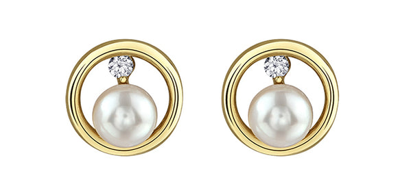 10K Yellow Gold 5mm Culture Pearl with Canadian Diamonds Stud Earrings