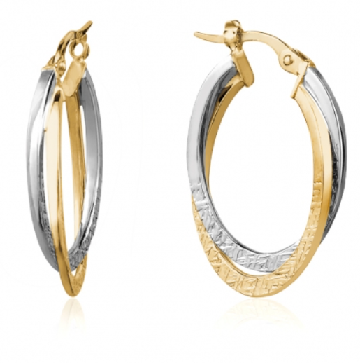 10K Yellow/White Gold Double Oval Hoops with Glitter Pattern