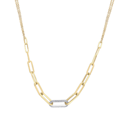 10K Yellow/White Gold Graduated Paperclip with Diamonds Neck with Double Cable Chain 17