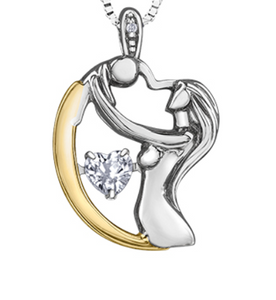 Sterling Silver/10K Yellow Gold "PULSE" Mother with Child Pendant with White Zircon and Diamond & 18" Chain