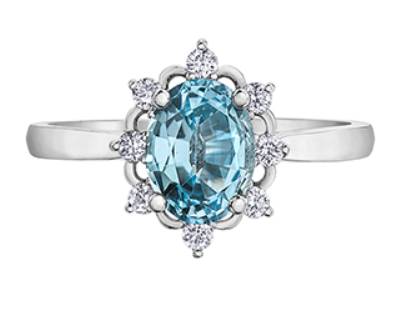 14K White Gold Oval Aquamarine and Canadian Diamond  Cluster Ring