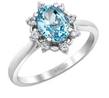 14K White Gold Oval Aquamarine and Canadian Diamond  Cluster Ring