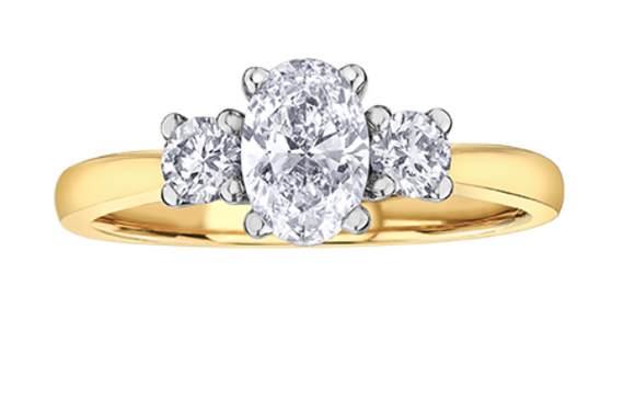 14K Yellow/White Gold Lab Grown Oval Diamond & 2 Lab Grown Round Diamond Engagement Ring