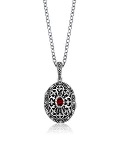 Sterling Silver Oval Locket with Garnet & Marcasites with 16-18" Chain