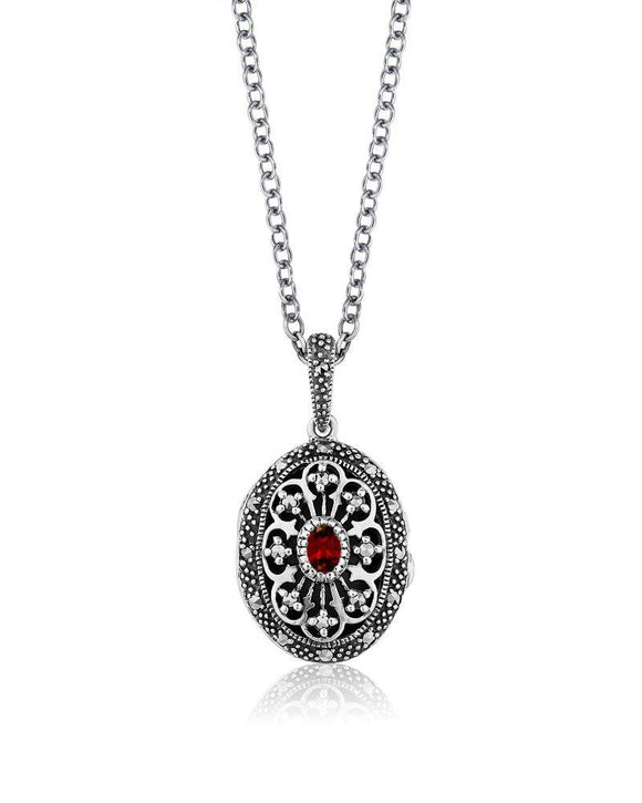 Sterling Silver Oval Locket with Garnet & Marcasites with 16-18