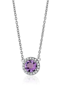 Sterling Silver Amethyst with CZ Halo Fixed Pendant with 16-17" Chain