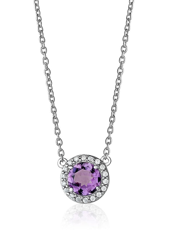 Sterling Silver Amethyst with CZ Halo Fixed Pendant with 16-17