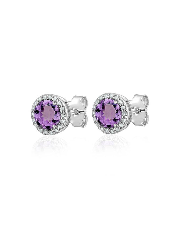 Sterling Silver Amethyst with CZ Halo Stud Earrings