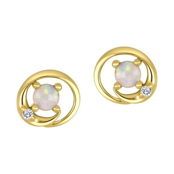 10K Yellow Gold 2 - 4mm Round Opal with Canadian Diamond Stud Earrings