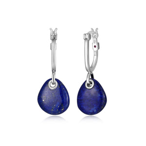 Elle Sterling Silver "Pebble" Lapis Lazuli Drop Oval Hoop Earrings