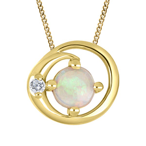 10K Yellow Gold 5mm Round Opal with Canadian Diamond & 16-18" Chain