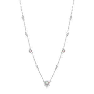 Sterling Silver Created Opal & CZ 16"+2" Station Necklace