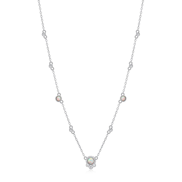 Sterling Silver Created Opal & CZ 16