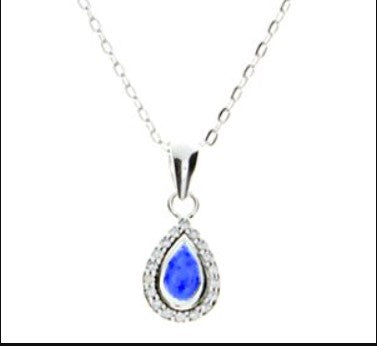 Sterling Silver Pear Shaped Synthetic Blue Sapphire & CZ Pendant with 18