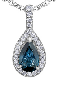 10K White Gold Pear Shaped Blue Sapphire & Diamond Pendant with 16 - 18" Chain