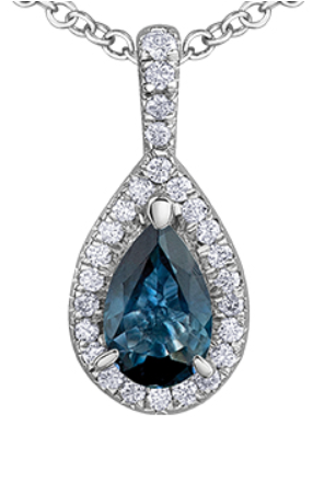 10K White Gold Pear Shaped Blue Sapphire & Diamond Pendant with 18