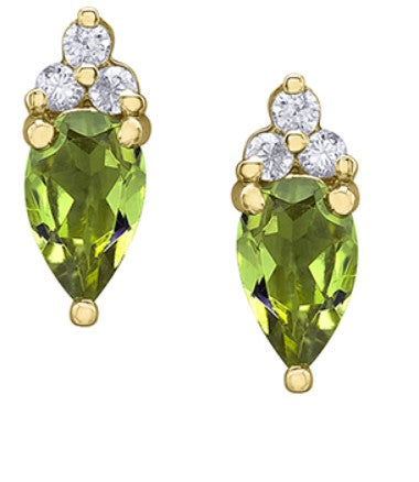 10K Yellow Gold 2 Pear Shaped Peridot & Diamond Stud Earrings