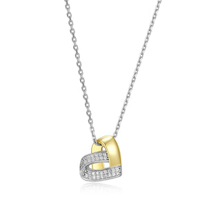 Elle Sterling Silver/Yellow Gold Plate "Amour" CZ Heart Pendant with 17"+3" Chain
