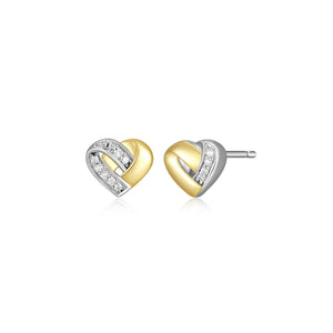 Elle Sterling Silver/Yellow Gold Plate "Amour" CZ Stud Earrings
