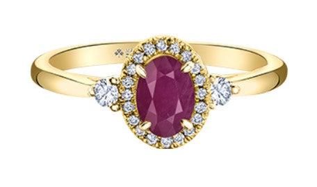 14K Yellow Gold Oval Ruby Halo & 2 Canadian Diamond Ring