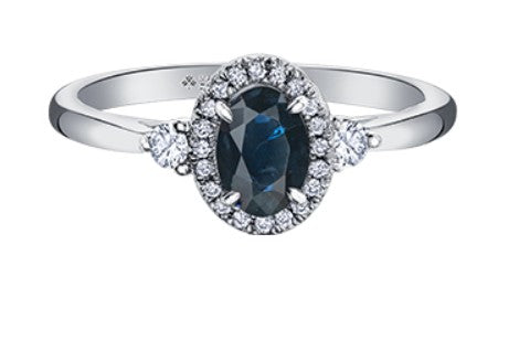 14K White Gold Oval Sapphire Halo with 2 Canadian Diamond Ring