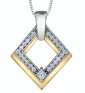 10K Yellow/White Gold Canadian Princess Cut Diamond and Diamond Geometric Pendant with 17"-18" Chain