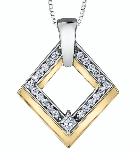 10K Yellow/White Gold Canadian Princess Cut Diamond and Diamond Geometric Pendant with 17