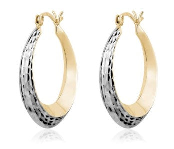 Sterling Silver/Yellow Gold Plate Oval Diamond Cut Hoops