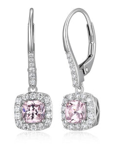 Elle Sterling Silver "Radiance" Pink Cushion CZ & Clear CZ Halo Pendant Lever Back Earrings