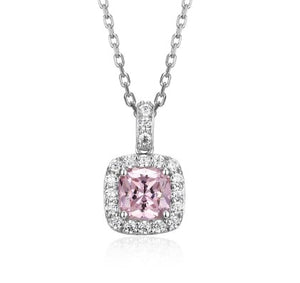 Elle Sterling Silver "Radiance" Pink Cushion CZ & Clear CZ Halo Pendant & 17"+3+ Chain