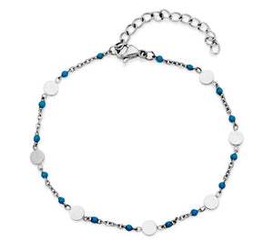Steelx Stainless Steel Turquoise Enamel Bead & Disc Chain Bracelet 6.75"+1"