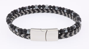 Steelx Stainless Steel Agate & Hematite Leather Bracelet 8.5"