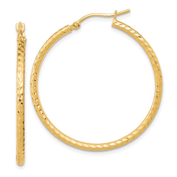 10K Yellow Gold Large D/C 2mm Round Tube Hoops