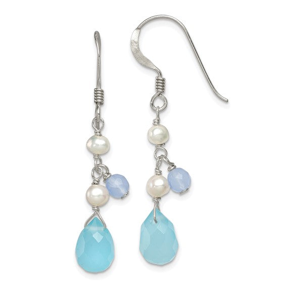 Sterling Silver Shepherd Hook Earrings with Blue Topaz, Blue Agate & Freshwater Pearls