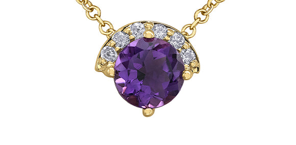 10K Yellow Gold 5 mm Amethyst with Diamond Fixed Pendant and 16-18