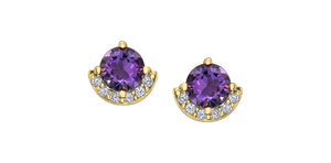 10K Yellow Gold 4.5mm Amethyst and Diamond Stud Earrings