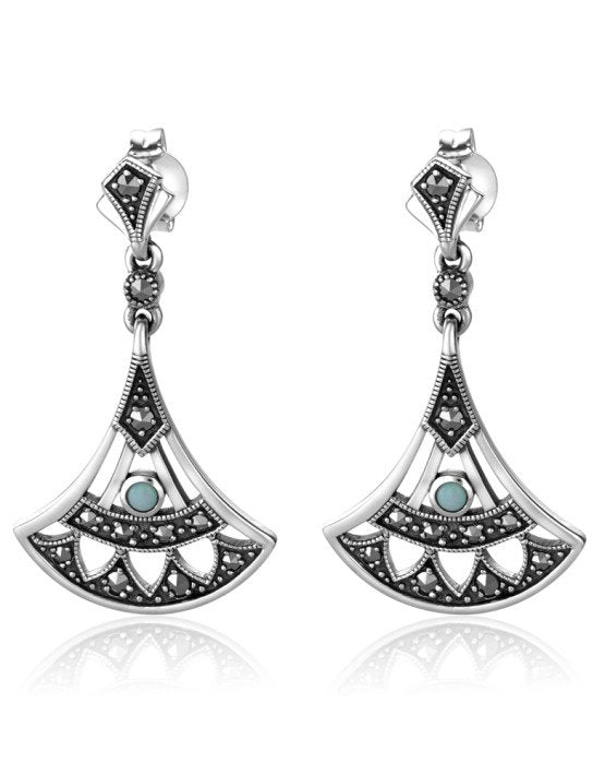 Sterling Silver Marcasite & Cabachon Opal Fan Shaped Drop Stud Earrings