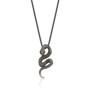 Steelx Stainless Steel Oxidized Snake Pendant with Red Crystal Eyes & 24" Chain