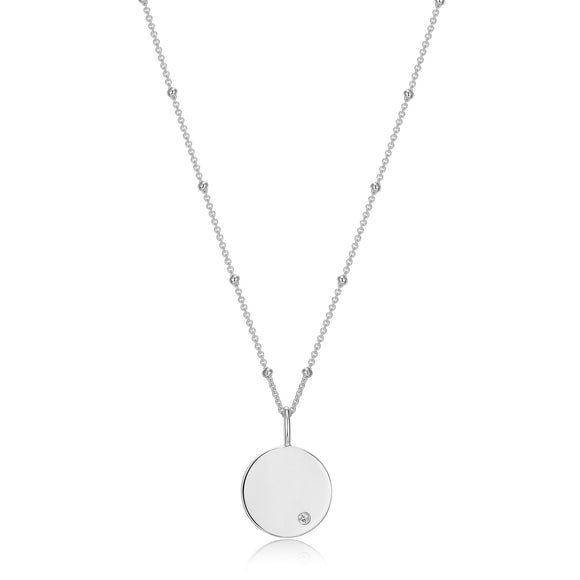 Sterling Silver Polished Round Disc Pendant with CZ Accent & 18