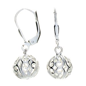 Sterling Silver Round Filigree Lever Back Drop Earrings