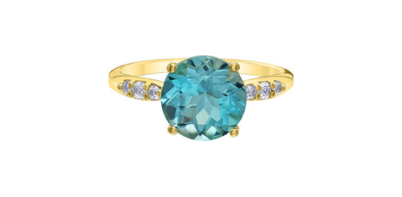 10K Yellow Gold 9mm Sky Blue Topaz with Diamond Shoulder Stone Ring