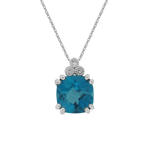 10K White Gold Cushion Cut London Blue Topaz with Diamond Pendant & 17-18" Chain