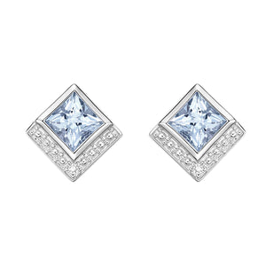 10K White Gold Princess Cut Aquamarine with Diamond Stud Earrings