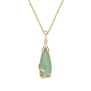 10K Yellow Gold Briolette Shaped Jadeite with Diamond and 17-18" Chain