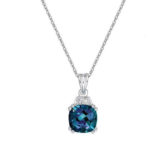 10K Yellow Gold Cushion Cut Created Alexandrite with Diamond Pendant and 17-18